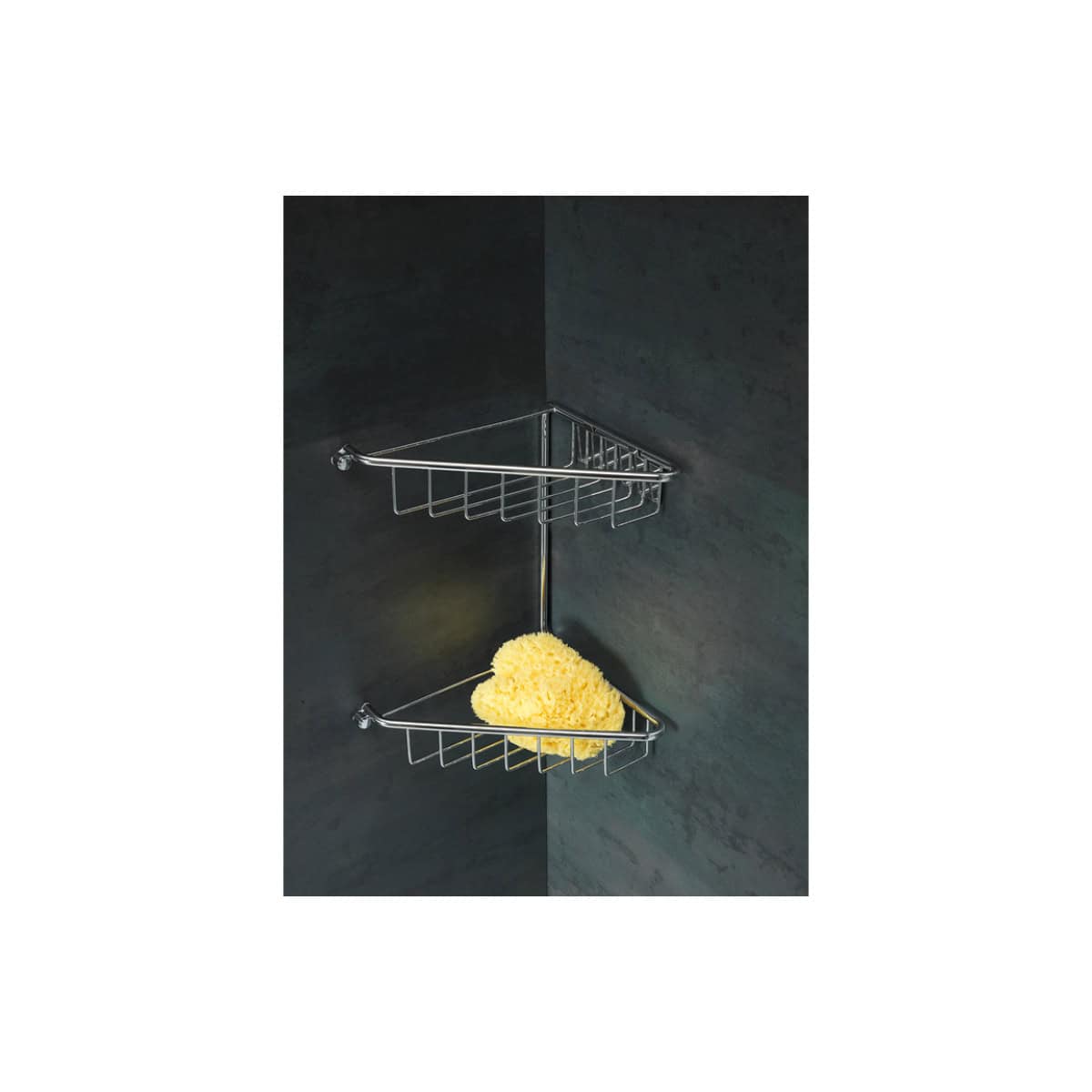 Shower caddy with two chrome wire baskets mounted in a modern bathroom, holding a yellow sponge; sleek bathroom storage solution for organising toiletries efficiently.