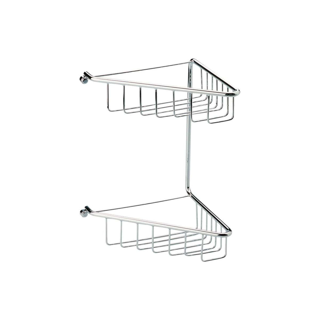 Chrome bathroom corner shelf unit for towel and soap storage, ideal for modern bathroom organisation and shower area accessories.