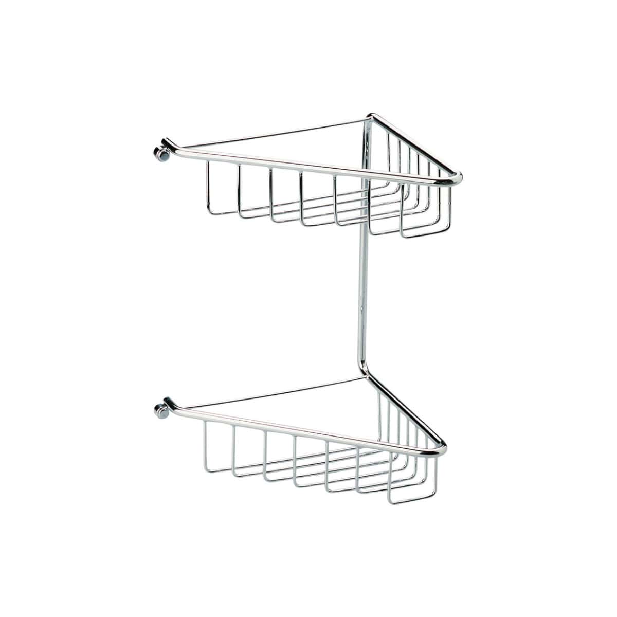 Chrome bathroom corner shelf unit for towel and soap storage, ideal for modern bathroom organisation and shower area accessories.