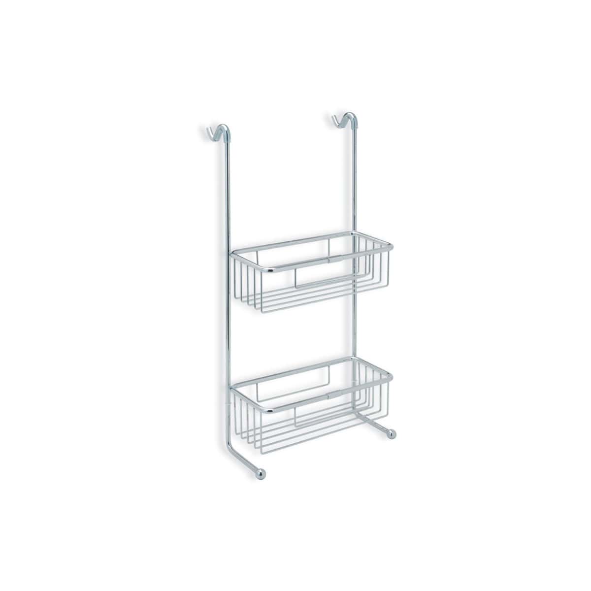 Shower caddy with hooks for bathroom storage, crafted from durable chrome-plated steel, ideal for organising toiletries and shower essentials. Perfect for modern or traditional bathroom decor.