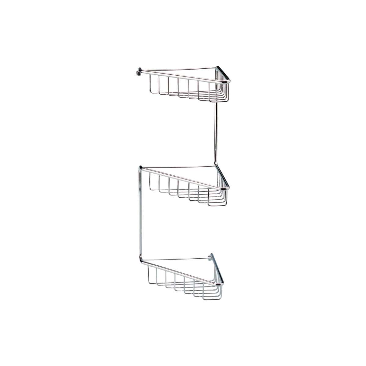 Chrome bathroom corner shower caddy with two tiers for convenient storage of toiletries. Ideal for organising bath essentials in modern bathrooms, provides easy access and maximises space.