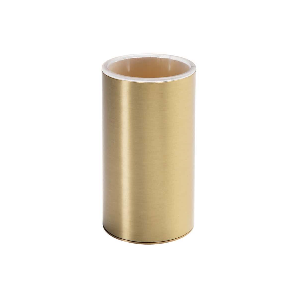 Sleek gold bathroom soap holder with modern cylindrical design, perfect for elegant bathroom decor and organisation. Durable gold finish adds a touch of luxury to your bathroom accessories.
