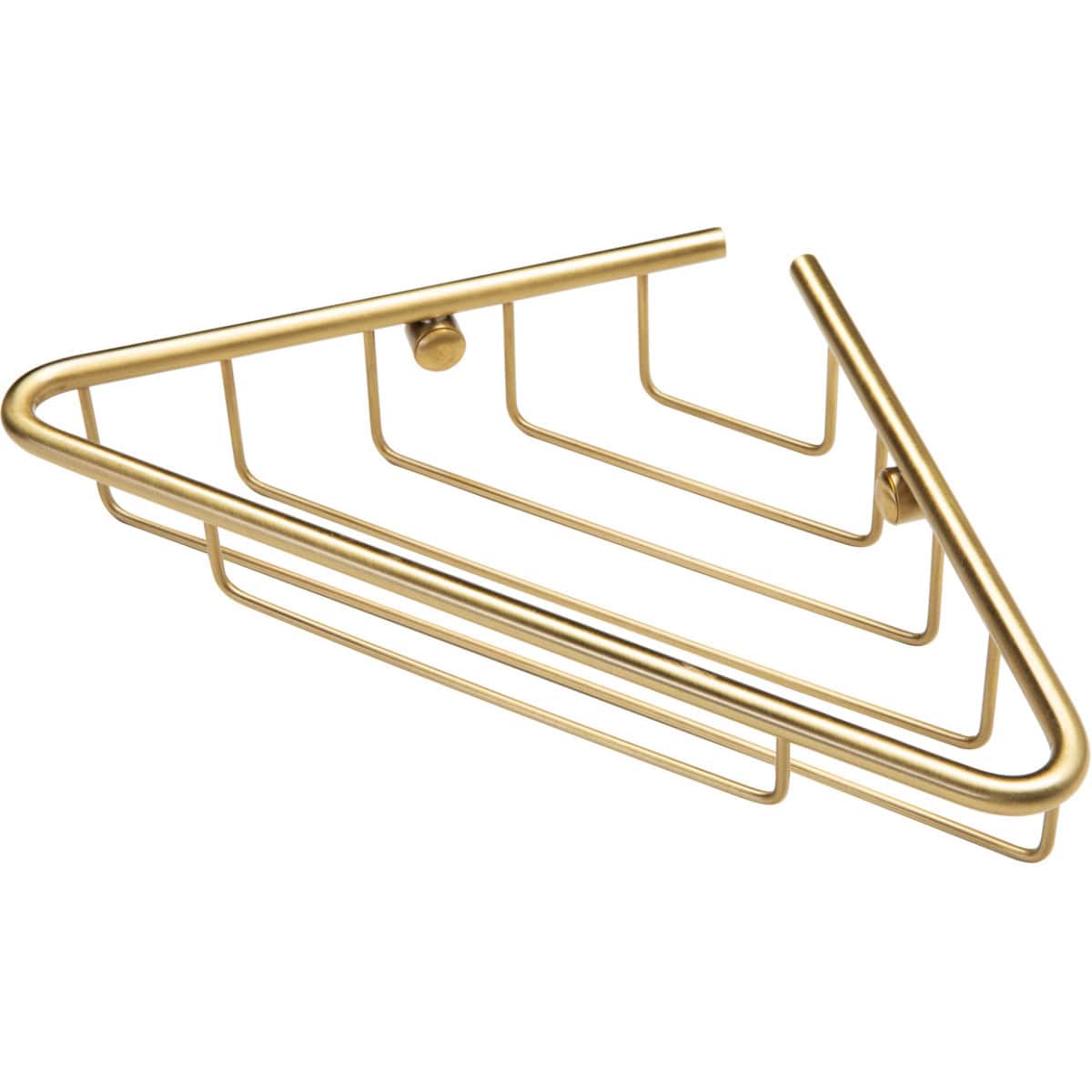 Shiny gold bathroom corner shower caddy with multiple shelves, ideal for organising toiletries and accessories in modern bathroom decor. Durable metal construction and stylish finish enhance your bathroom space.