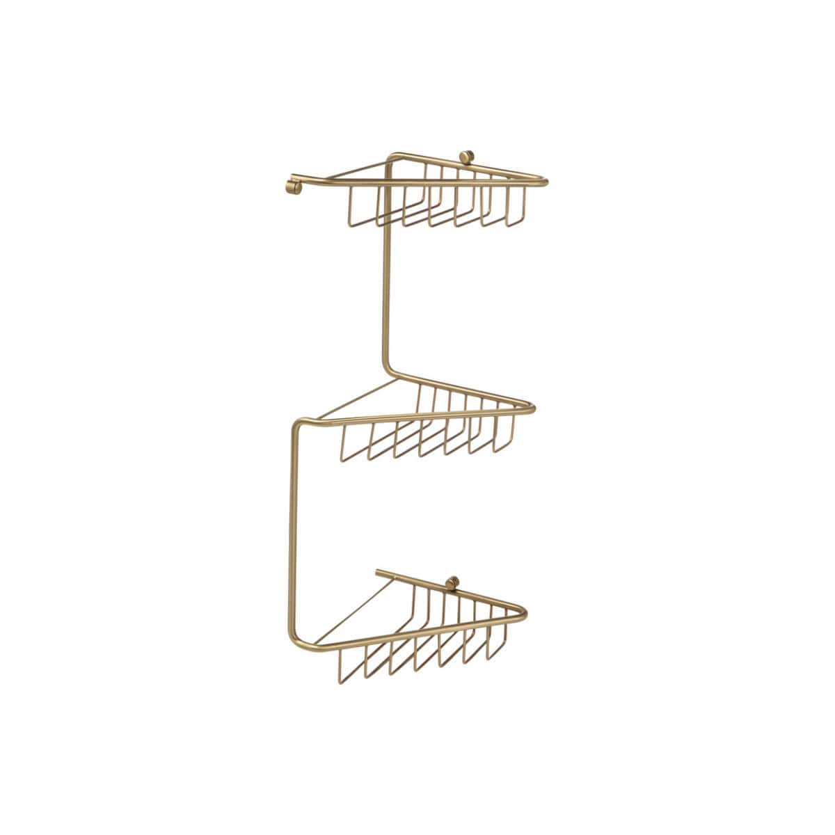 Shower caddy for bathroom storage, made of durable gold-tone metal with multiple shelves for toiletries, ideal for organising shower essentials and enhancing bathroom decor.