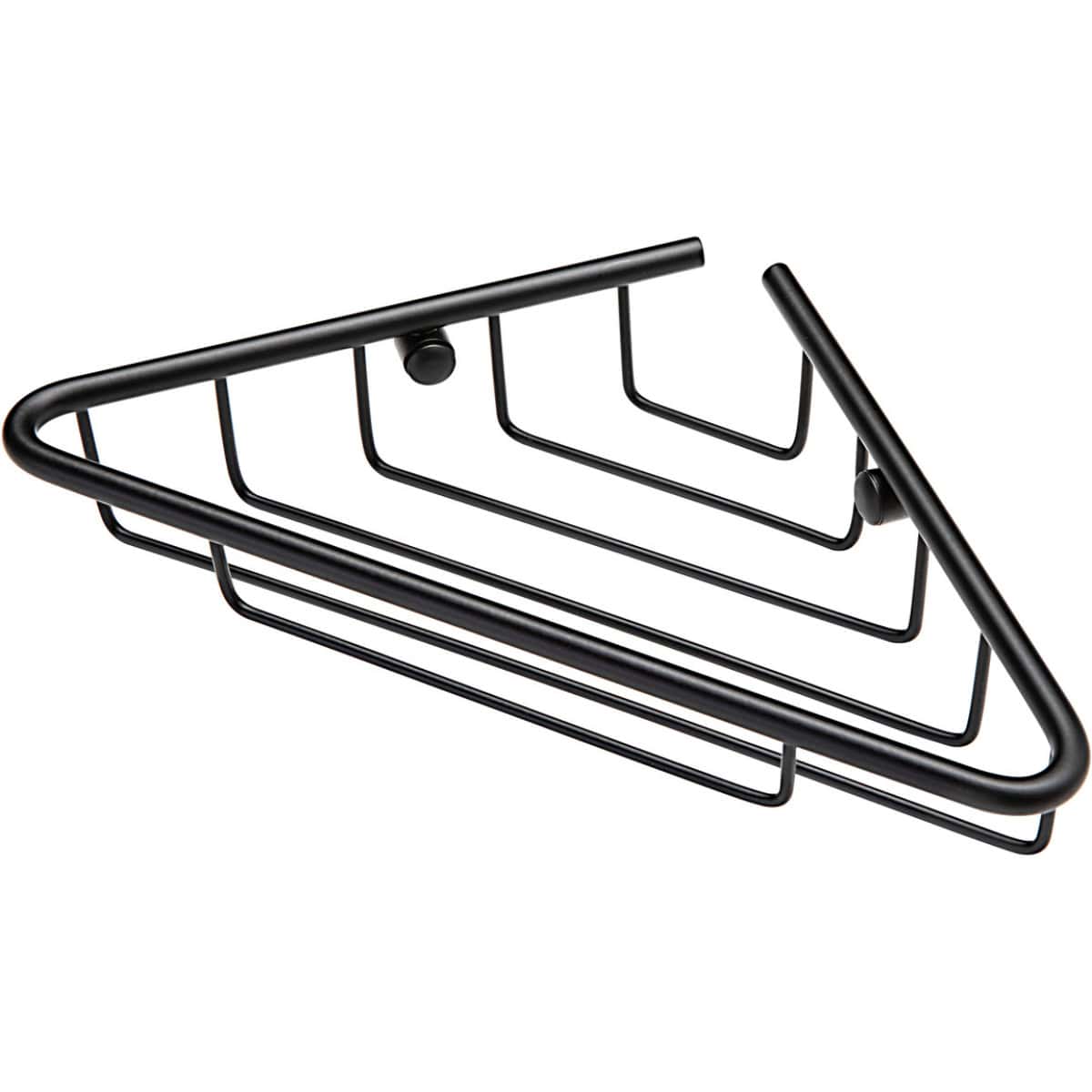 Sleek black metal wire bathroom corner shower caddy for organising toiletries and shower essentials. Easy to mount and perfect for modern bathroom décor.