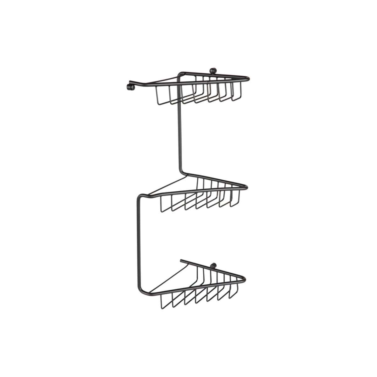 Versatile black metal bathroom shower caddy with two-tier shelves for organisation and storage. Modern design, perfect for bathrooms and wet areas, easy to install and maintain.