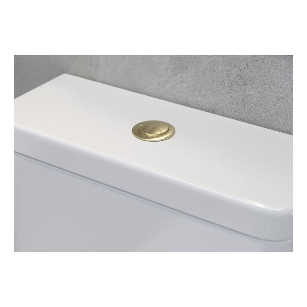 Shiny gold bathroom sink drain cover set on modern white ceramic sink with grey textured wall background.