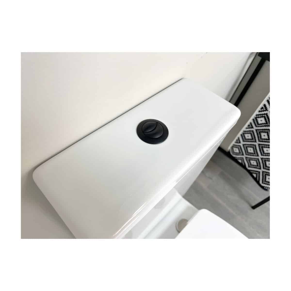 White toilet with a concealed cistern and a black dual-flush button, modern bathroom bathroom fixtures, sleek design, minimalist style, Bubly Bathrooms.