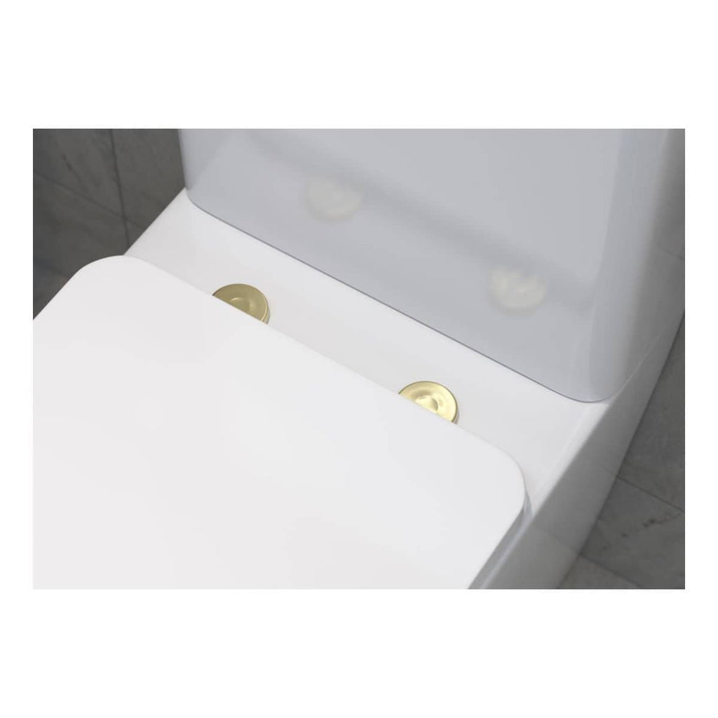 Modern white toilet with gold flush buttons, designed for sleek and contemporary bathroom aesthetics, complemented by grey tiled walls.