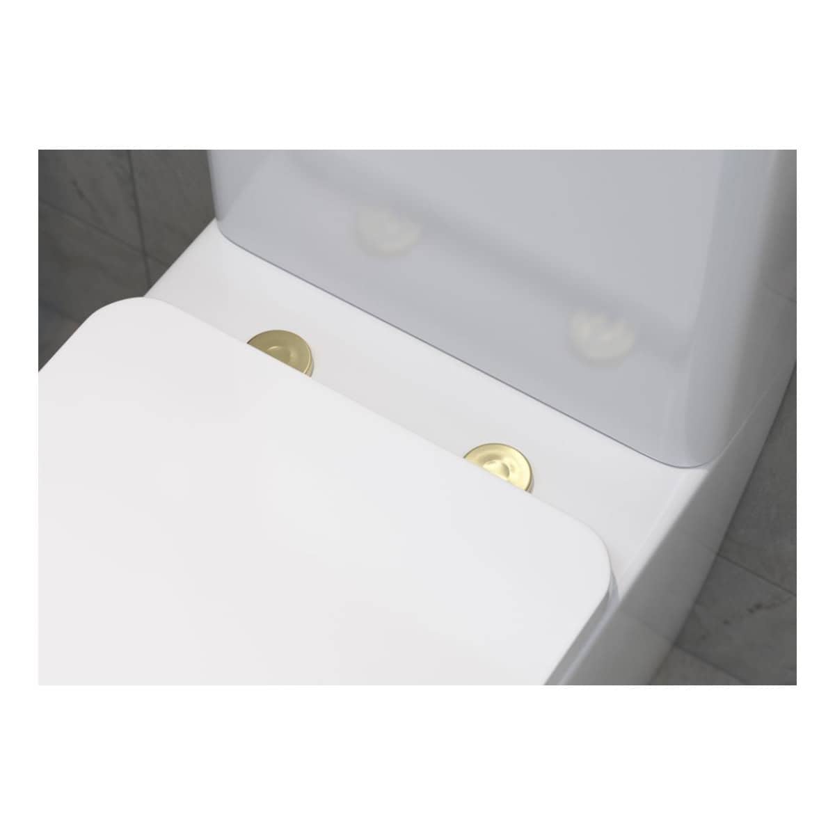 Modern white toilet with gold flush buttons, designed for sleek and contemporary bathroom aesthetics, complemented by grey tiled walls.
