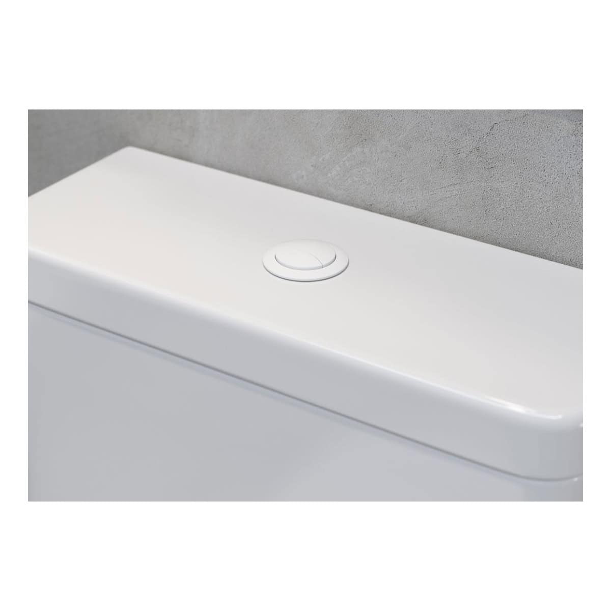 Sleek white toilet cistern with modern push-button flush mechanism in minimalist bathroom setting. Designed for comfort and efficient water use, perfect for contemporary bathroom renovations.