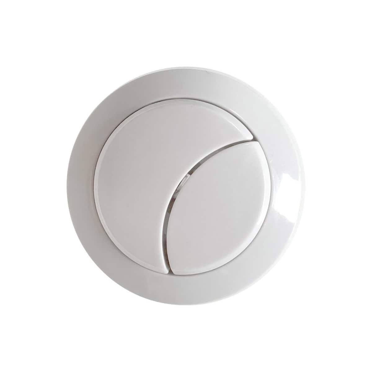 Smooth white dual flush toilet flush actuator button for modern bathroom fixtures, designed for easy installation and efficient water saving. High-quality bathroom accessory by Bubly Bathrooms.