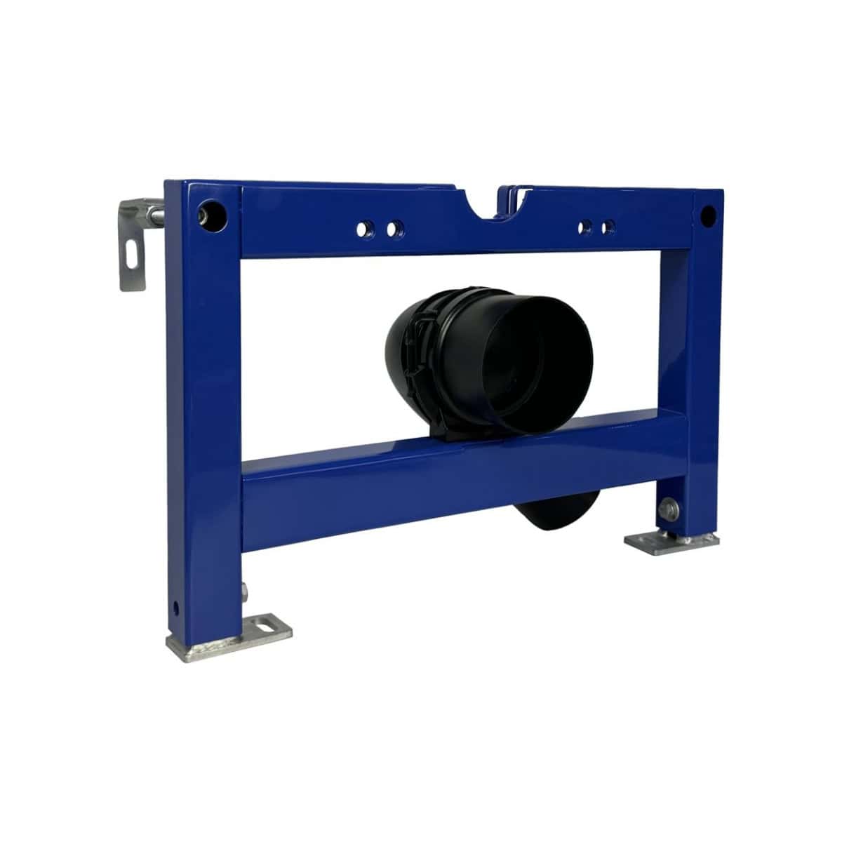 Heavy-duty toilet frame for disabled toilets, includes a black flush pipe, sturdy blue steel construction, suitable for commercial bathroom installations, provides reliable support and accessibility.
