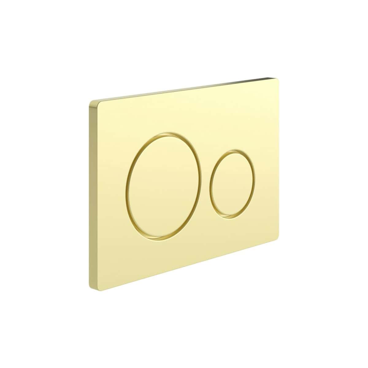 Sleek gold dual-flush toilet button for bathroom fixtures, designed for modern and stylish bathroom renovations. Easy to install and compatible with various toilet systems for efficient flushing solutions.