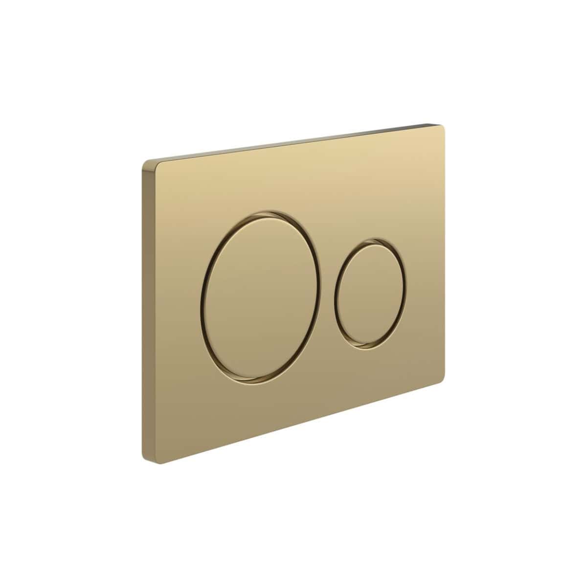 Shiny gold bathroom flush button for modern toilet, sleek and minimalist design, ideal for contemporary bathroom renovations and installations.