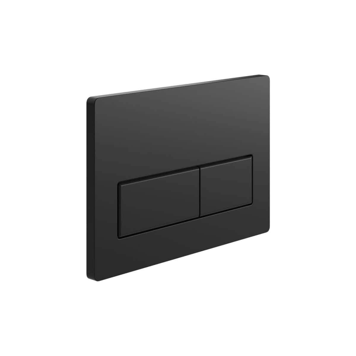 Dual flush toilet flush plate in matte black finish for modern bathroom setups. Perfect for conventional and contemporary bathroom designs, enhancing aesthetics and functionality.