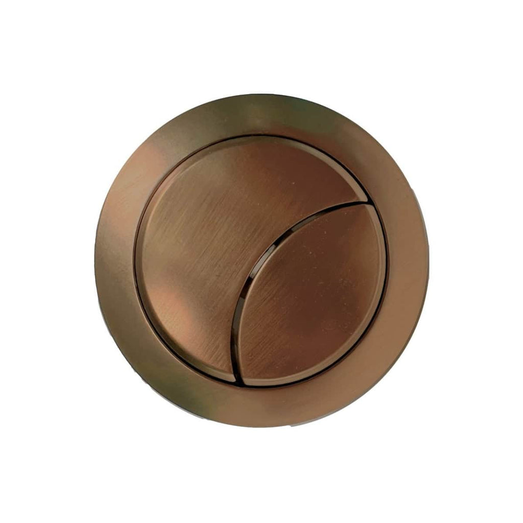 Polished bronze bathroom flush button, modern dual-flush mechanism for efficient water saving, suitable for luxury bathroom installations.