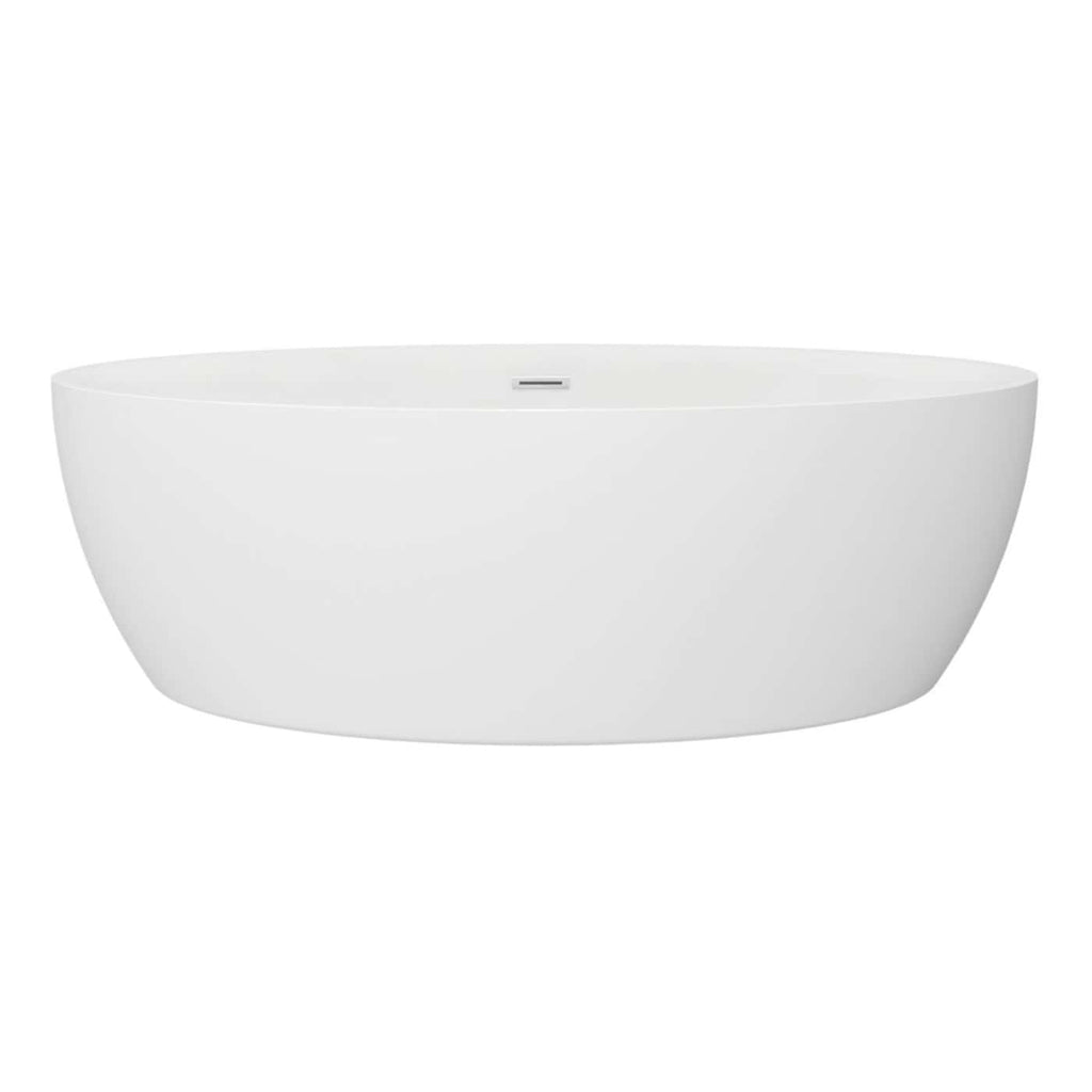 Sleek white freestanding bathtub with smooth curves, perfect for modern bathrooms, featuring an integrated drain and minimalist design for a luxurious bathing experience.