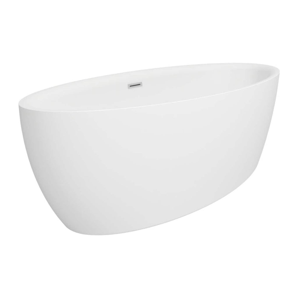Sleek white freestanding bathtub with modern oval design, ideal for contemporary bathrooms, offering a luxurious and relaxing bathing experience. Perfect for a stylish bathroom upgrade.