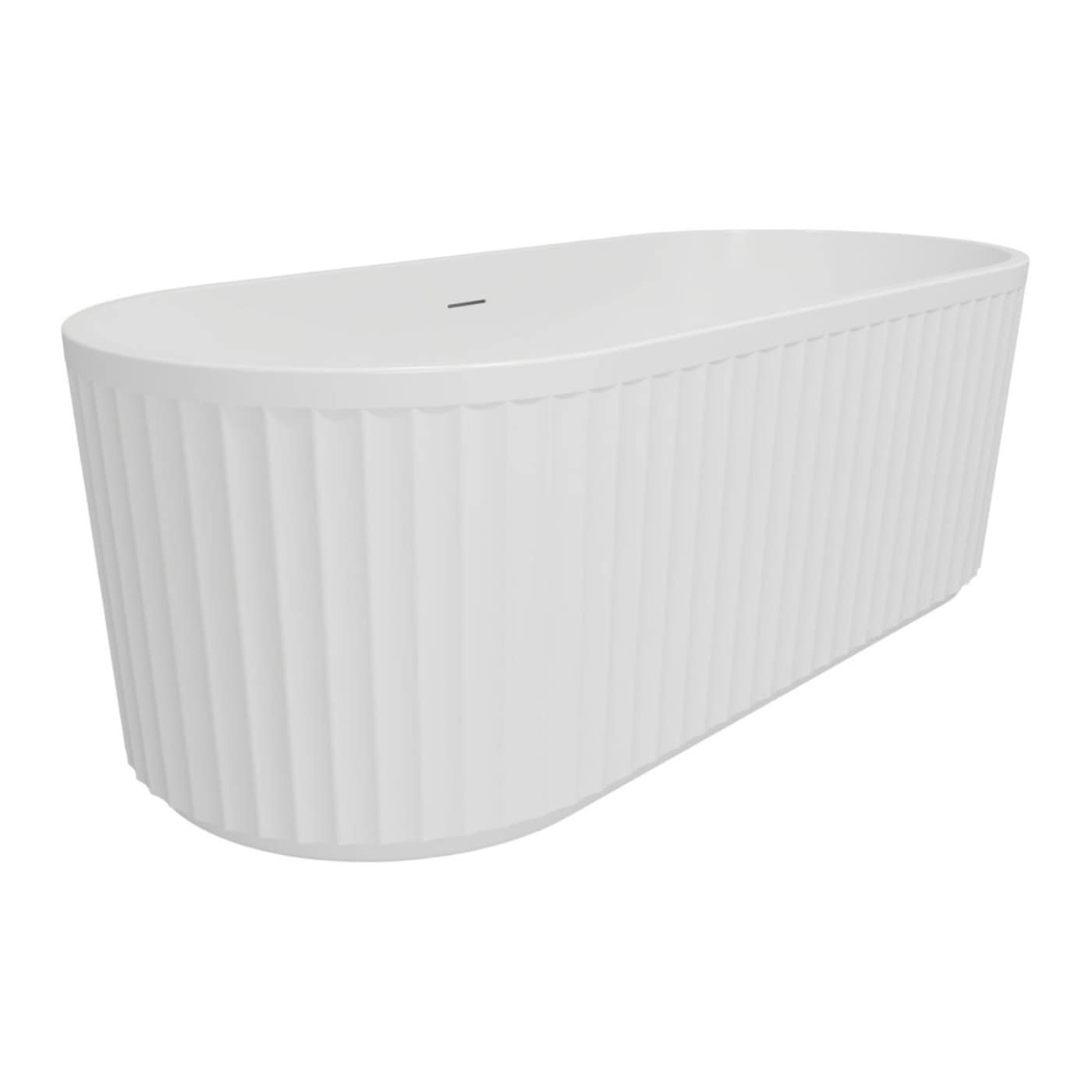 Sleek white freestanding bathtub with ribbed exterior design, perfect for modern bathrooms, providing a luxurious and relaxing bathing experience, ideal for contemporary bathroom upgrades.