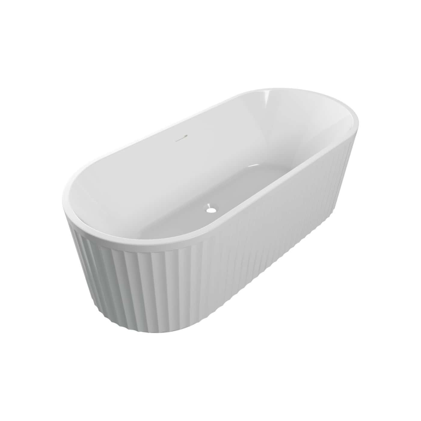 Sleek white freestanding bathtub with vertical ridges detail, perfect for modern bathrooms, offering a comfortable and stylish bathing experience.