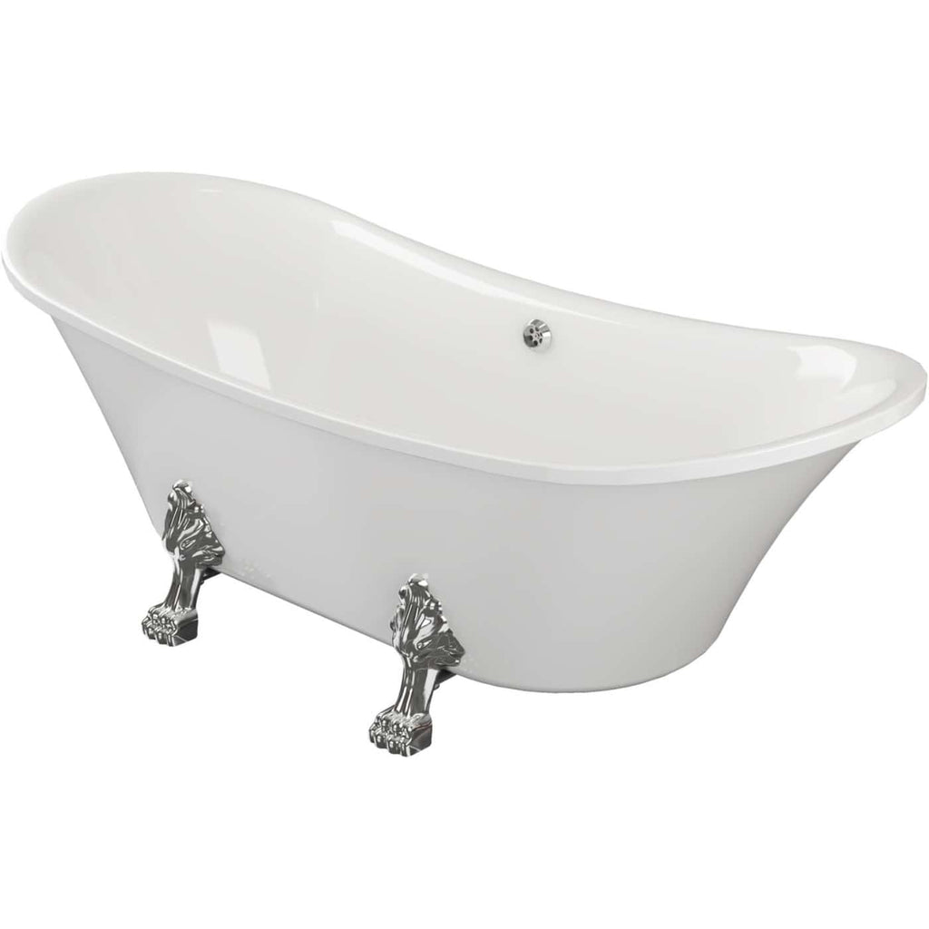 Elegant white clawfoot bathtub with chrome lion paw feet, perfect for a luxurious bathroom upgrade, combining classic design with modern comfort. Suitable for home spas and vintage bathroom styles.