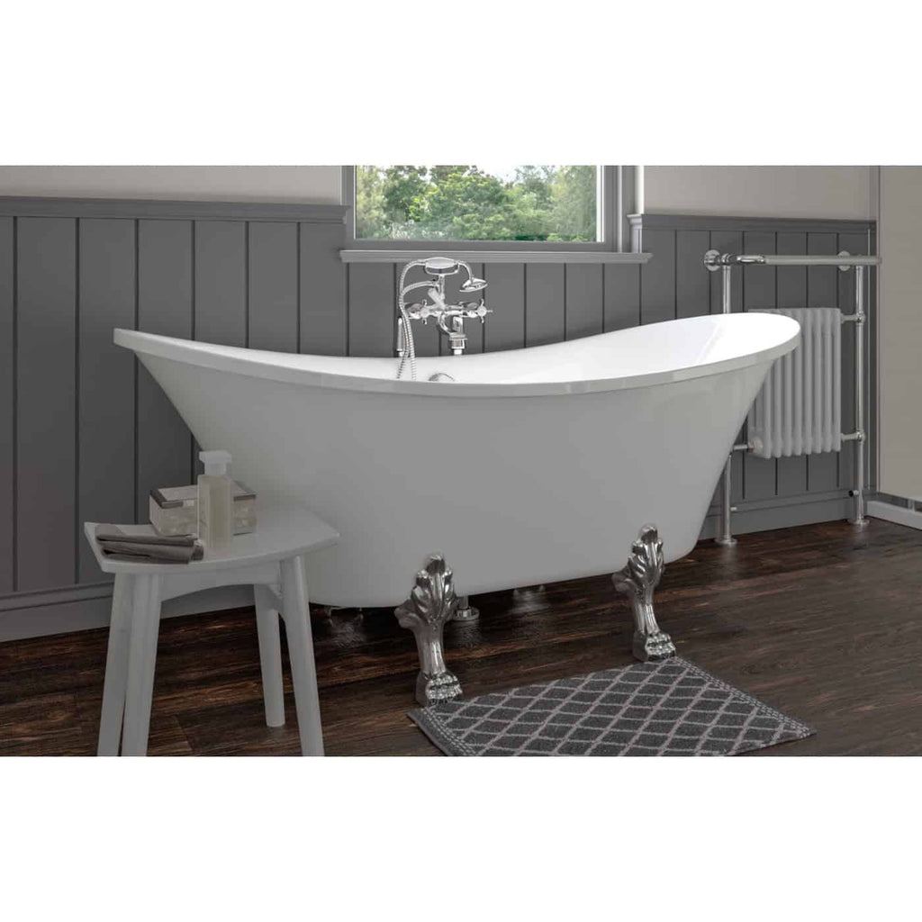 Elegant freestanding clawfoot bathtub with polished silver feet in a stylish bathroom setting. Perfect for luxury bathroom decoration and traditional bath designs.