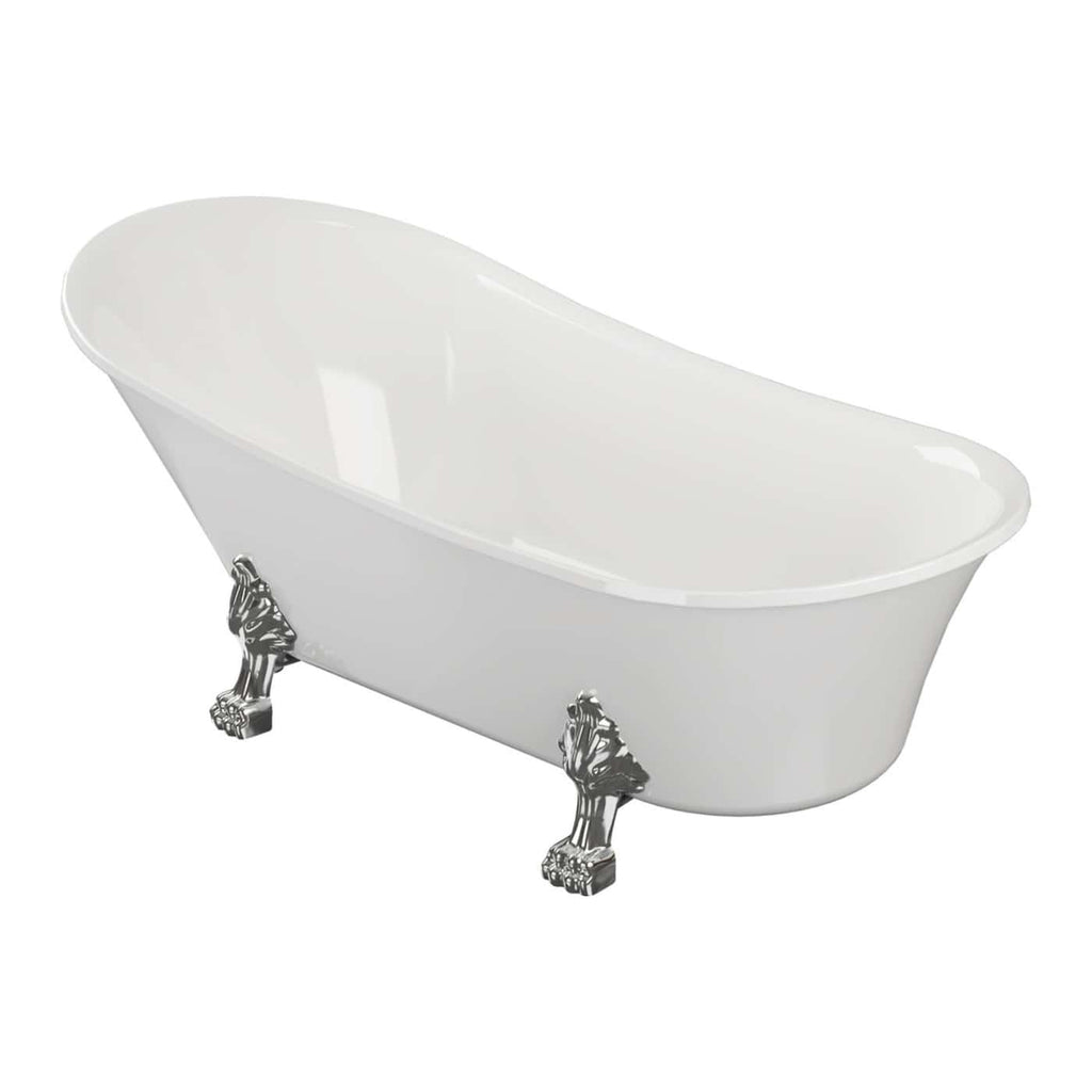 Elegant white freestanding clawfoot bathtub with decorative chrome feet, perfect for luxury bathroom designs from Bubly Bathrooms. Ideal for classic or vintage styled interiors.