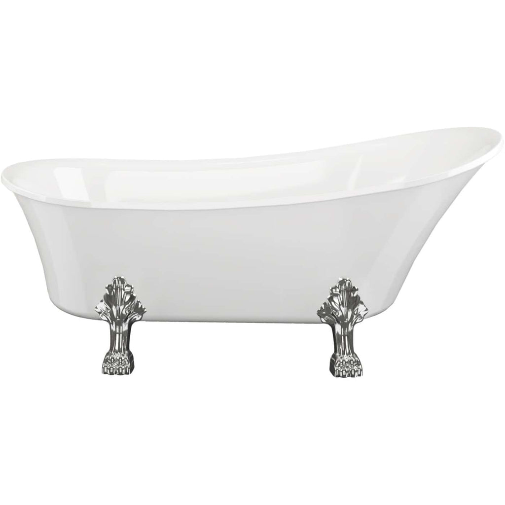 Elegant white freestanding clawfoot bathtub with chrome claw feet, perfect for luxurious bathroom upgrades and classic bathroom designs.