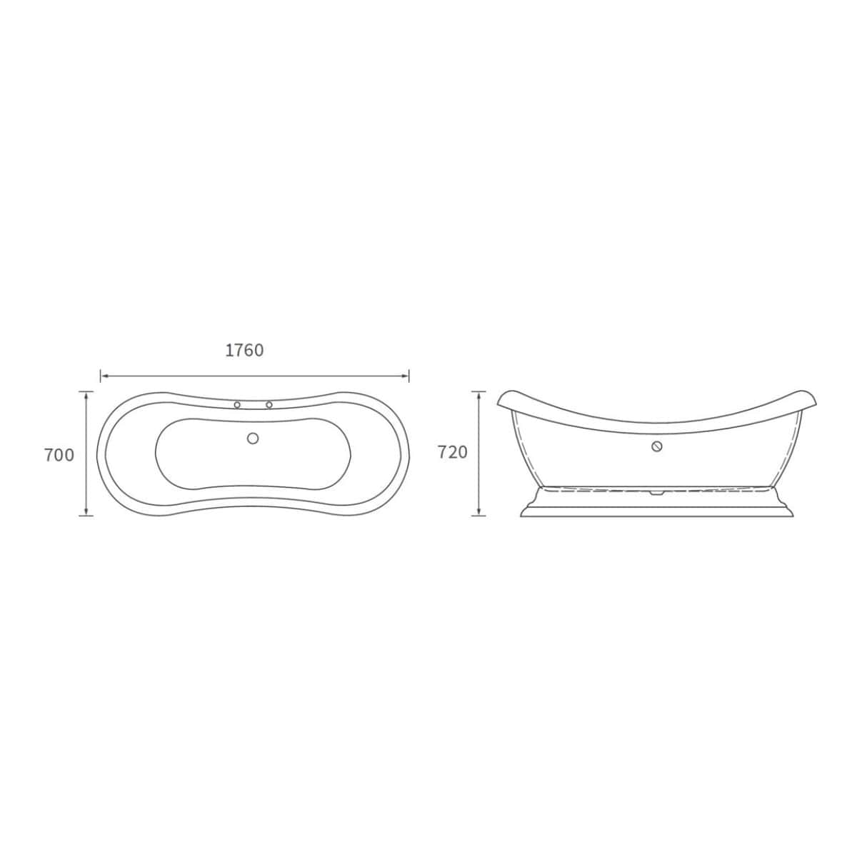 Sleek freestanding bathtub with elegant curves, ideal for luxurious bathrooms, measuring 1760mm x 700mm x 720mm, designed for comfort and style.