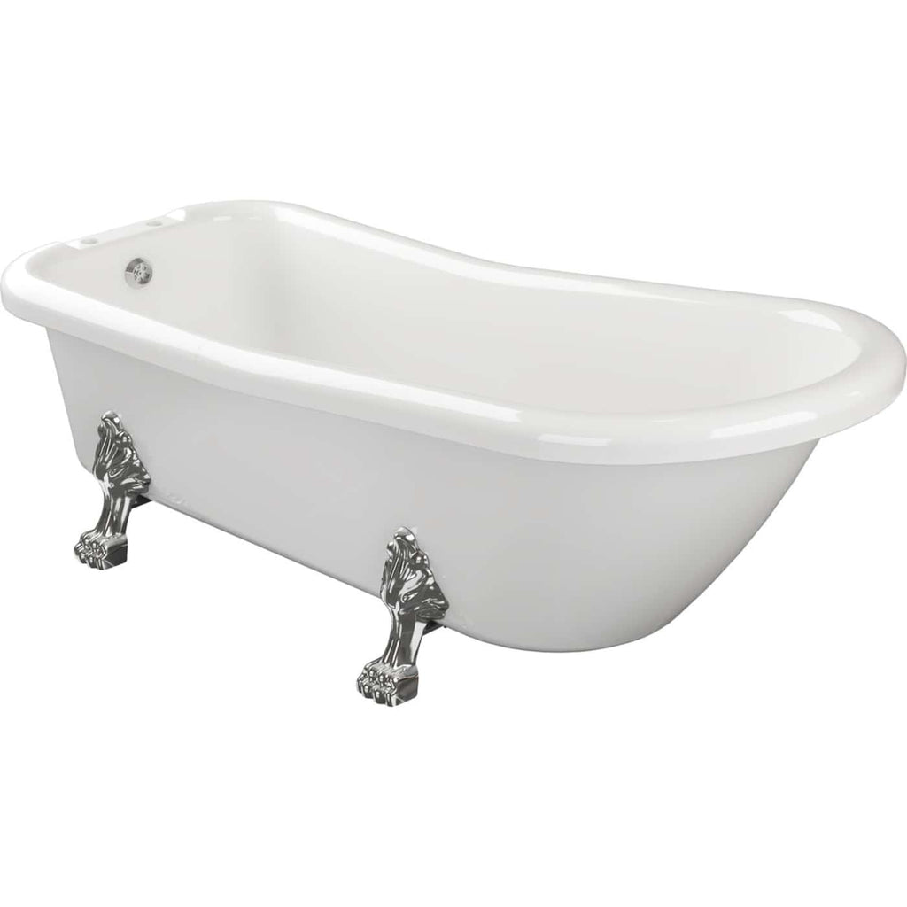 Polished white clawfoot bathtub with decorative chrome lion paw feet, classic freestanding design, perfect for luxury vintage or modern bathrooms.