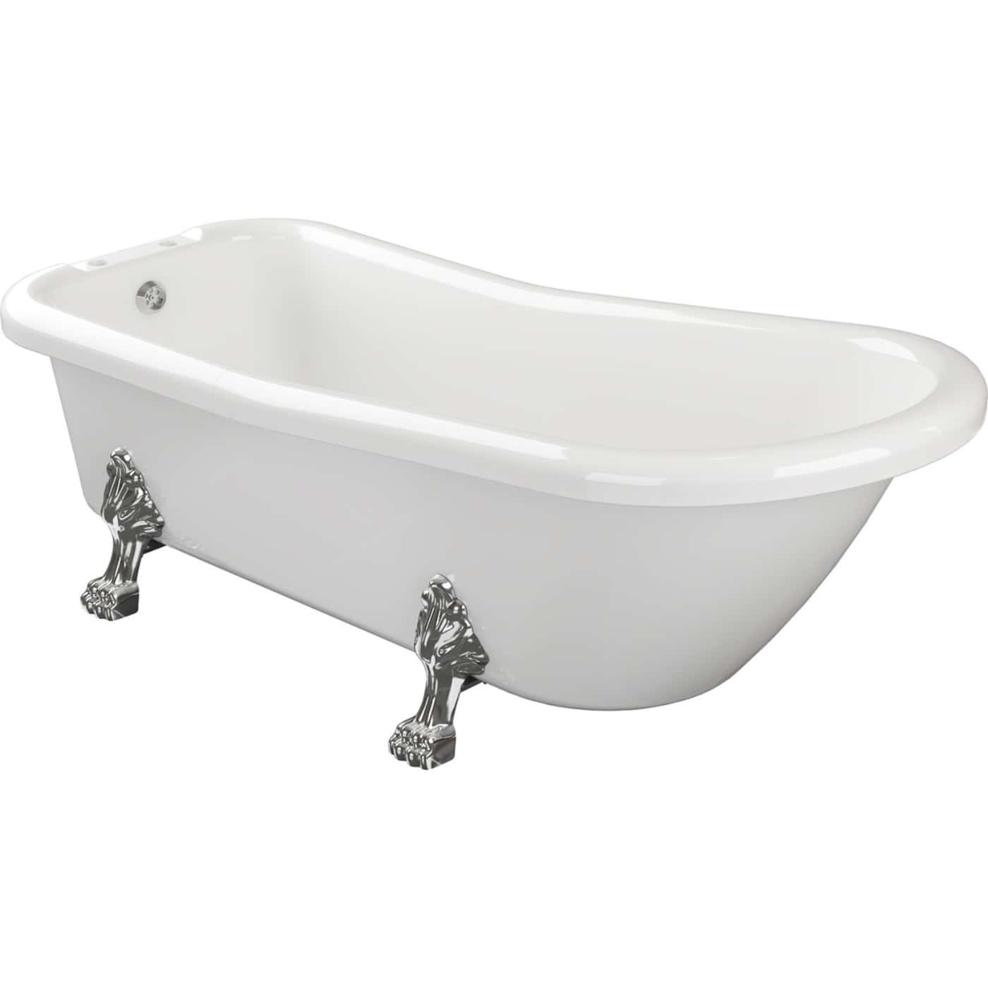 Polished white clawfoot bathtub with decorative chrome lion paw feet, classic freestanding design, perfect for luxury vintage or modern bathrooms.