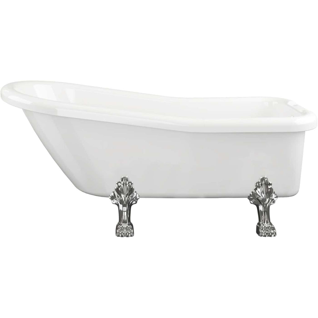 Cast iron clawfoot bathtub with chrome feet, classic design, perfect for vintage or traditional bathroom decor. Freestanding bath with elegant style and durable ceramic construction.