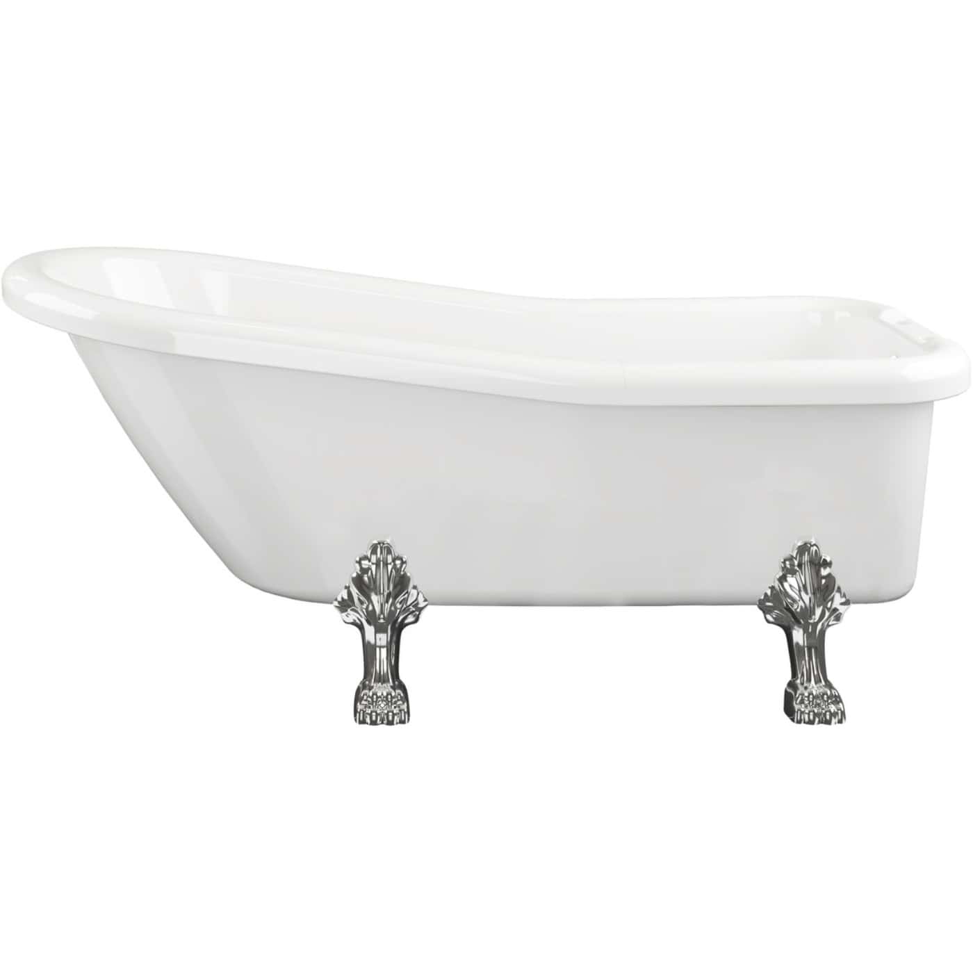Cast iron clawfoot bathtub with chrome feet, classic design, perfect for vintage or traditional bathroom decor. Freestanding bath with elegant style and durable ceramic construction.