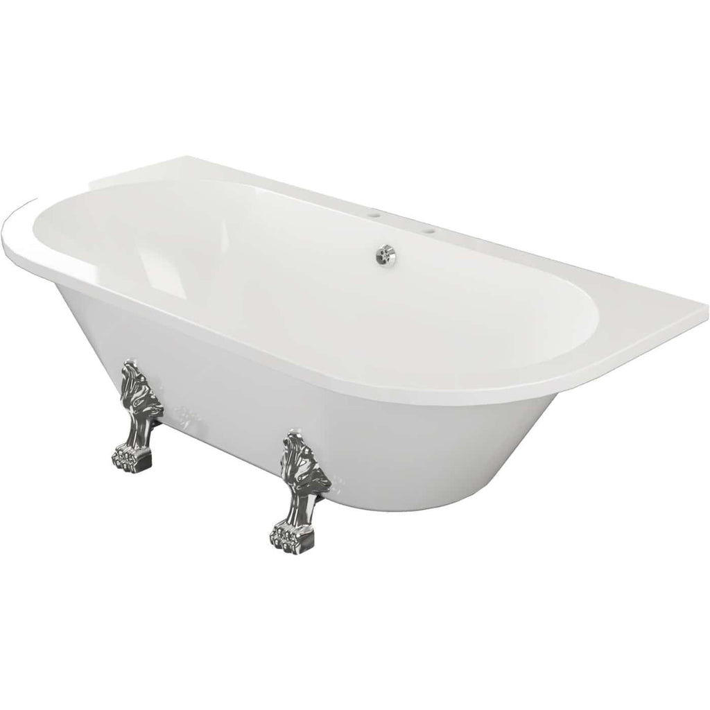 Luxurious white roll-top clawfoot bathtub with ornate chrome feet, ideal for elegant bathroom designs and relaxation, featuring a classic vintage style for a timeless look.