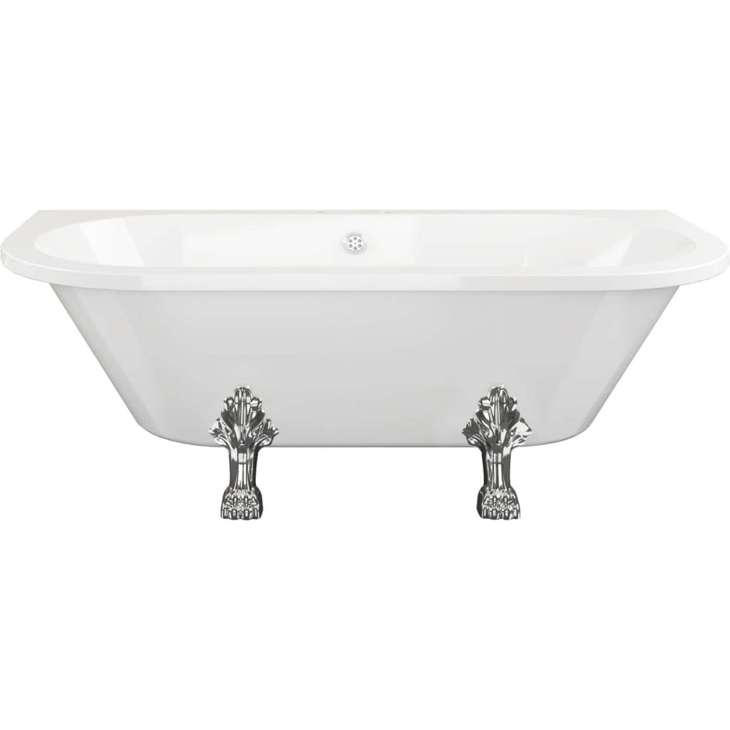 Polished white vintage-style clawfoot bathtub with ornate chrome feet, ideal for luxurious bathroom renovations. Perfect for classic and modern bathroom decor.