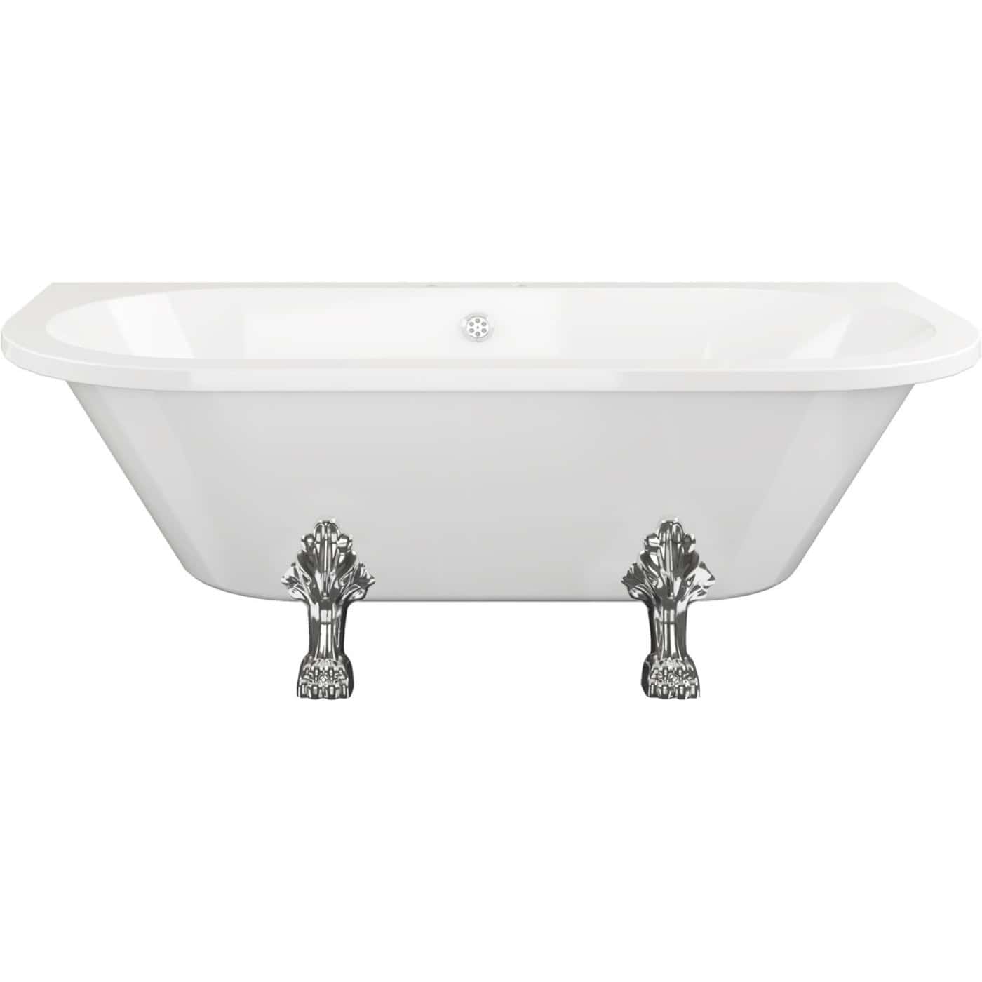 Polished white vintage-style clawfoot bathtub with ornate chrome feet, ideal for luxurious bathroom renovations. Perfect for classic and modern bathroom decor.