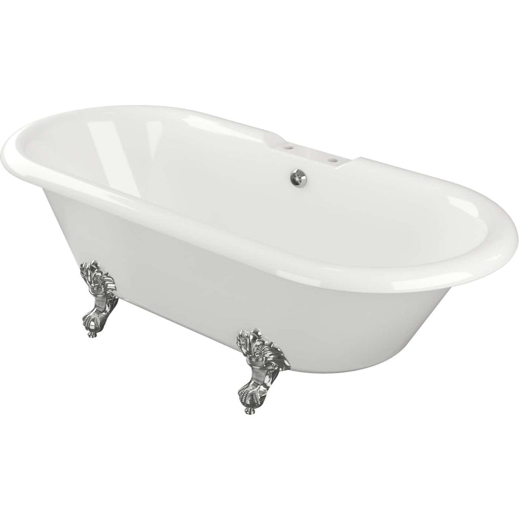 Elegant freestanding clawfoot bathtub with chrome lion paw feet, classic white finish, perfect for luxury bathroom upgrades and traditional bathroom design.