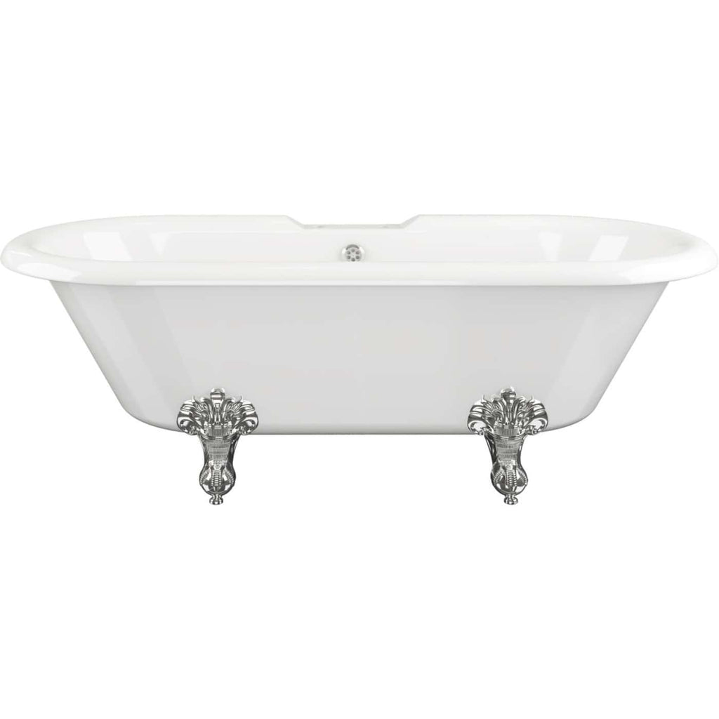 Elegant white freestanding clawfoot bathtub with silver ornate feet, perfect for luxurious bathrooms, combining classic design with modern comfort.