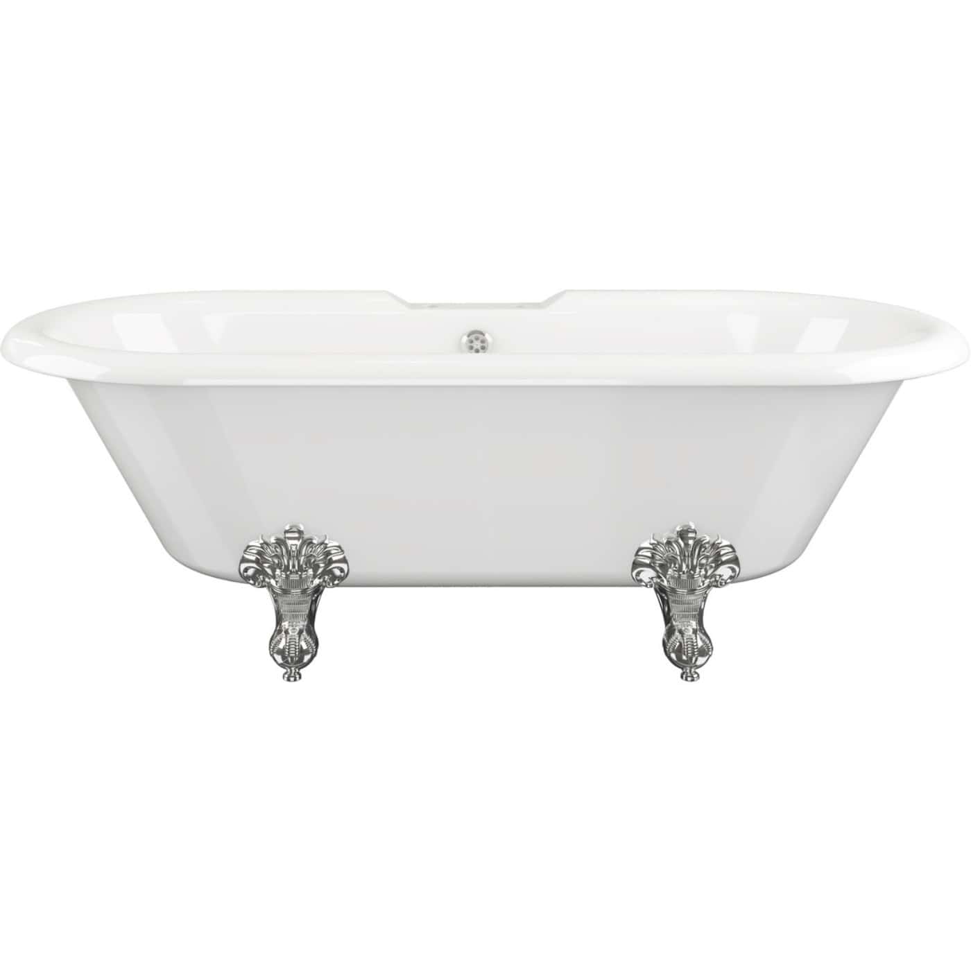 Elegant white freestanding clawfoot bathtub with silver ornate feet, perfect for luxurious bathrooms, combining classic design with modern comfort.