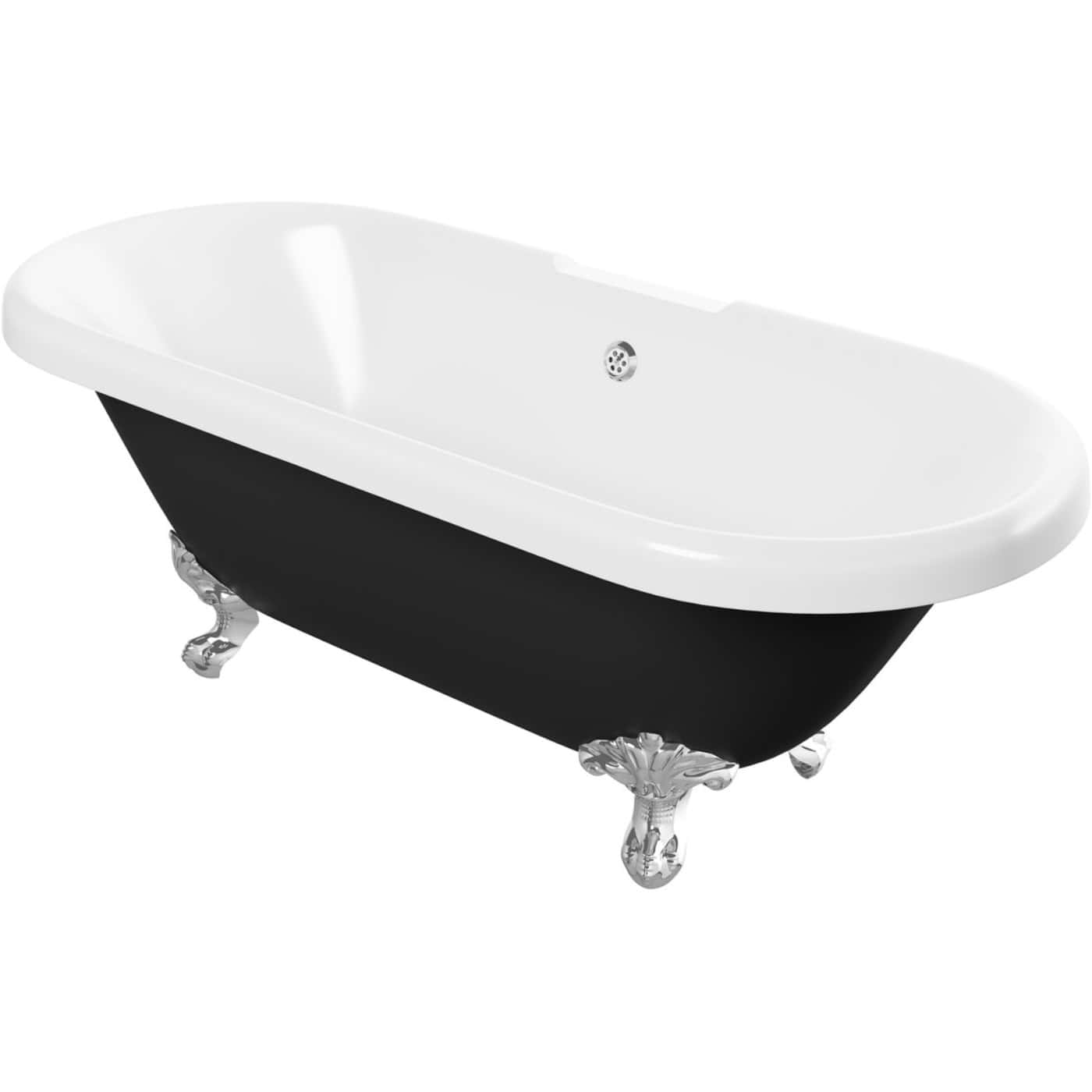 Vintage clawfoot bathtub with black exterior and white interior, chrome feet, perfect for luxurious bathroom designs. Ideal for modern or classic bathroom renovations seeking timeless elegance.