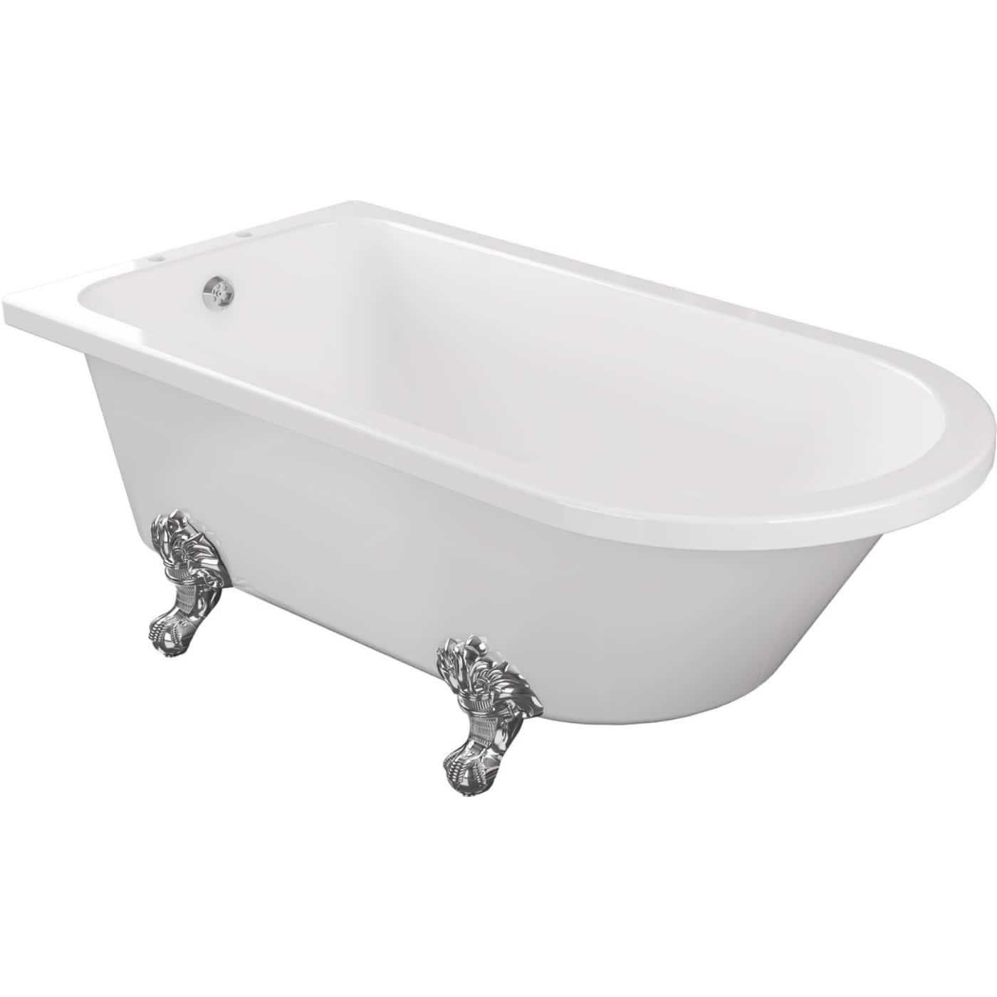 Silver clawfoot bath tub with chrome lion head feet, white finish, traditional freestanding design, ideal for elegant bathroom renovation or classic bathroom decor.