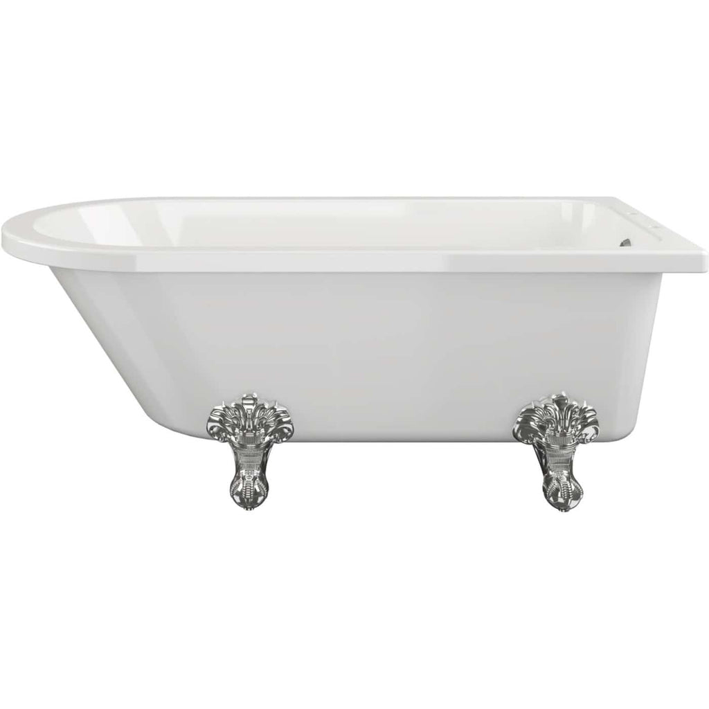 Elegant white freestanding bathtub with vintage-style chrome clawfoot legs, perfect for luxurious bathroom renovations and classic bathroom decor.