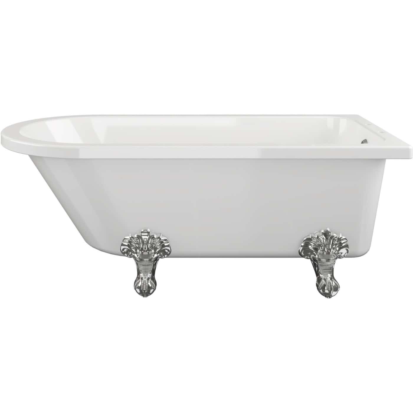 Elegant white freestanding bathtub with vintage-style chrome clawfoot legs, perfect for luxurious bathroom renovations and classic bathroom decor.