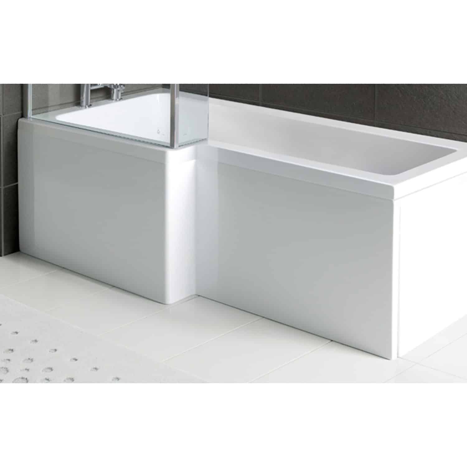 Modern white freestanding bathtub with integrated sleek bathroom design.