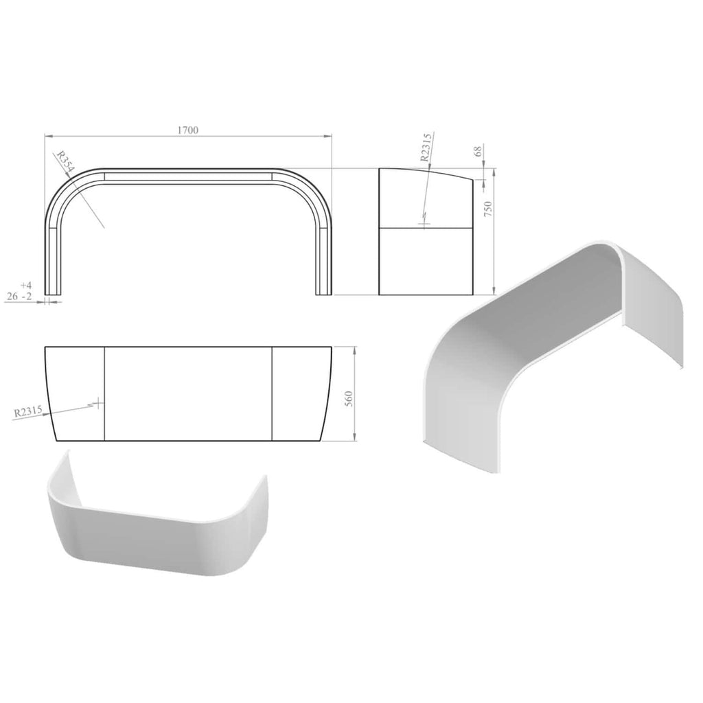 Sleek modern bathtub design with detailed technical drawings, ideal for luxurious bathroom renovations and custom bathroom fixtures. Showcases dimensions, curves, and construction details for professional installation.
