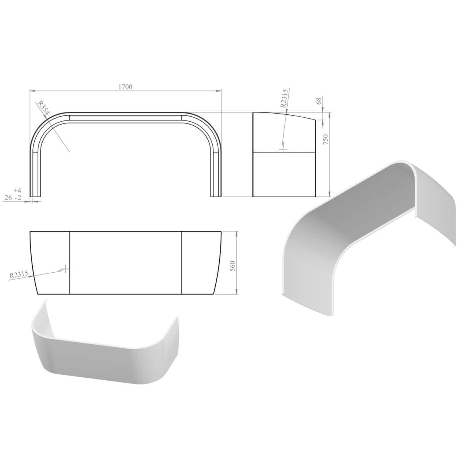 Sleek modern bathtub design with detailed technical drawings, ideal for luxurious bathroom renovations and custom bathroom fixtures. Showcases dimensions, curves, and construction details for professional installation.