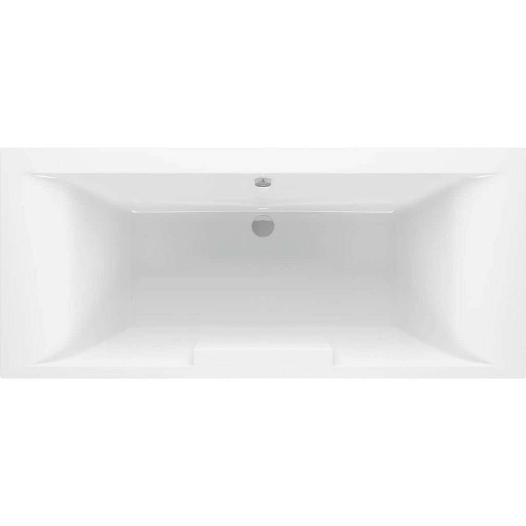 Bright white rectangular freestanding bathtub with smooth, sleek design, ideal for modern bathroom decor, featuring a central drain and minimalist style, perfect for relaxing baths.