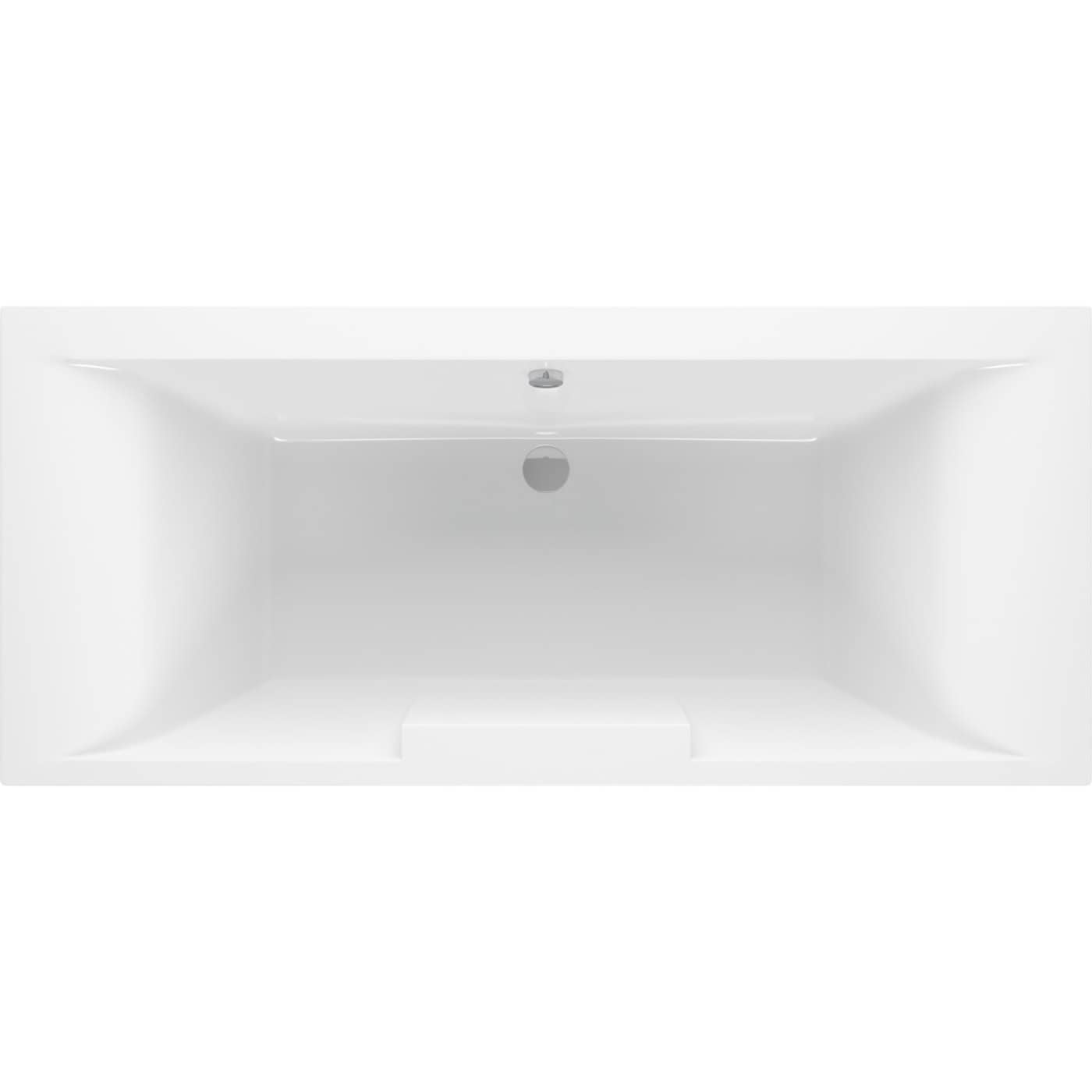 Bright white rectangular freestanding bathtub with smooth, sleek design, ideal for modern bathroom decor, featuring a central drain and minimalist style, perfect for relaxing baths.