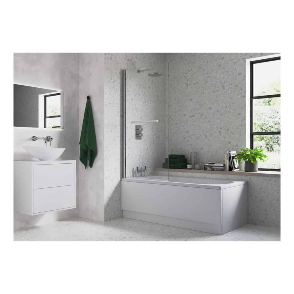Contemporary bathroom design with a white bathtub, sleek floating vanity with vessel sink, and large black-framed window with natural light, creating a modern spa-like atmosphere.